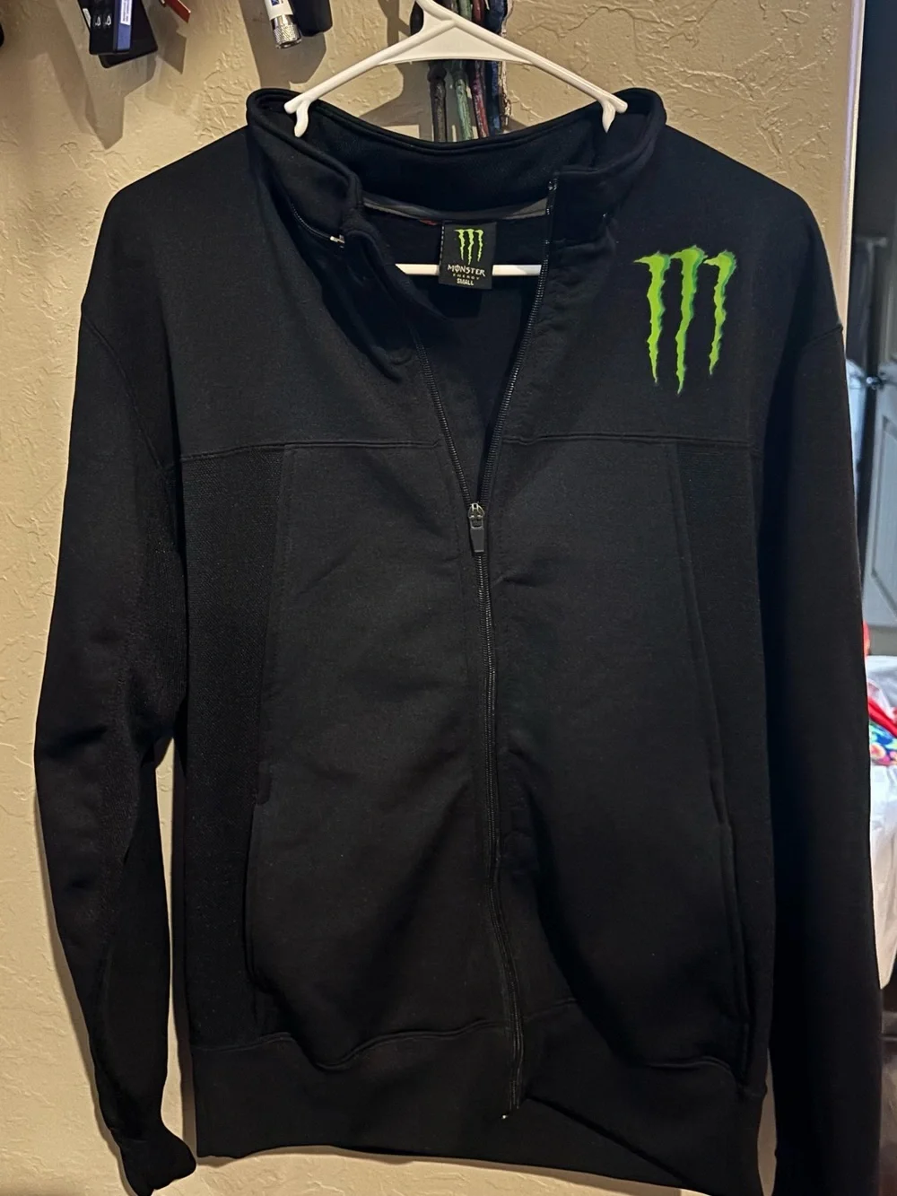 Monster Energy Jacket Men’s Small Black Full Zip Racing MISSING HOOD